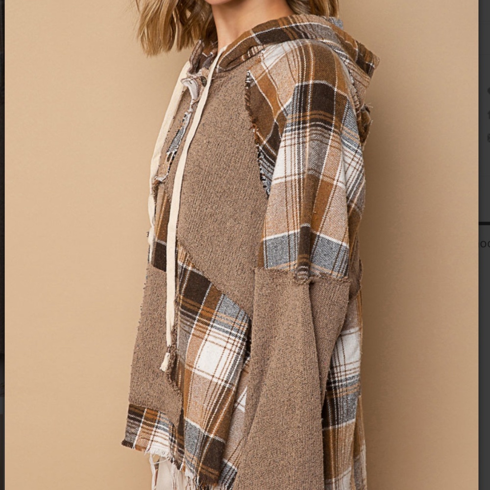 POL Plaid Oversized Hoodie Women's Plaid Contrast Top with Raw edge detail #S28 - Picture 2 of 7